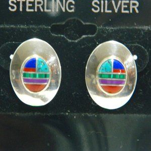 Vintage Zuni Pierced Earrings Multi-Stone Inlay Sterling Silver